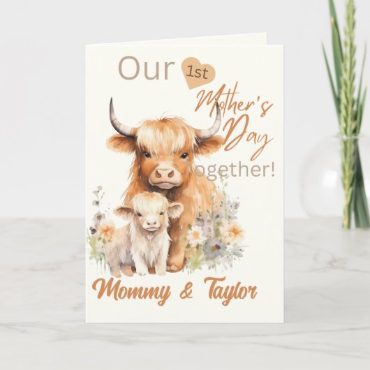 Waterverf Highland koe Eerste Moederdag Kaart (Voorkant)