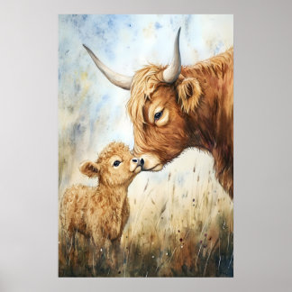 Waterverf Highland Koe Print, Nursery Dieren Kunst Poster