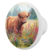 Waterverf Highland Koe Wildflower Field Keramische Knop (Rechts)