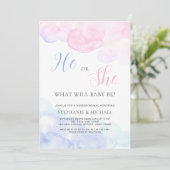 Waterverf hij of zij gender reveal party kaart (Staand voorkant)