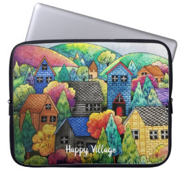 Waterverf Hillside Village met kleurrijke huizen Laptop Sleeve