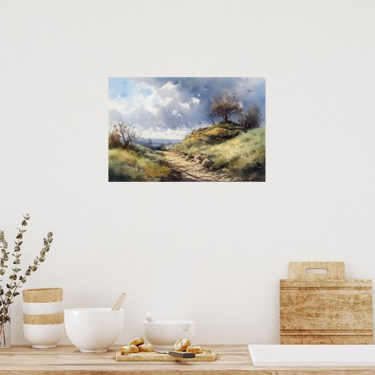 Waterverf hilltop meadow windend pad blauw hemel poster (Keuken)