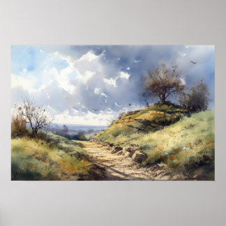 Waterverf hilltop meadow windend pad blauw hemel poster