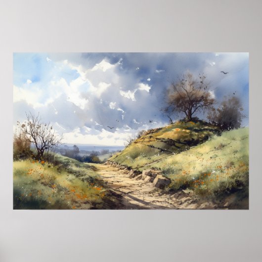 Waterverf hilltop meadow windend pad blauw hemel poster (Voorkant)