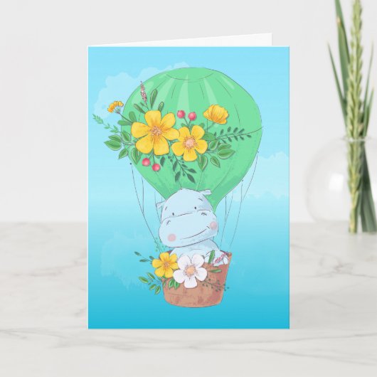 Waterverf Hippo in Hot Air Ballon Birthday Kaart (Voorkant)