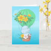 Waterverf Hippo in Hot Air Ballon Birthday Kaart (Gele Bloem)