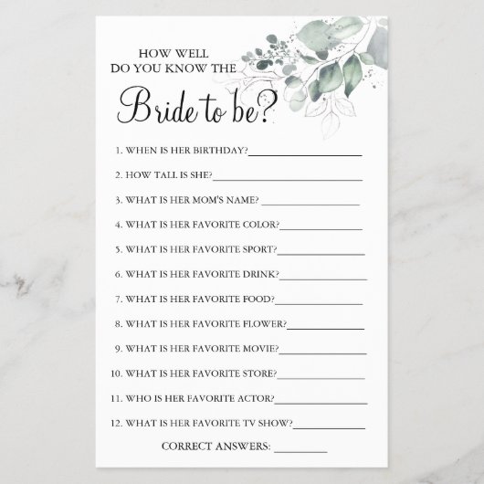 Waterverf Hoe goed ken je de bride game card Flyer (Voorkant)