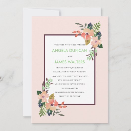 Waterverf Hoek Bloemen Trouwuitnodiging Kaart (Voorkant)