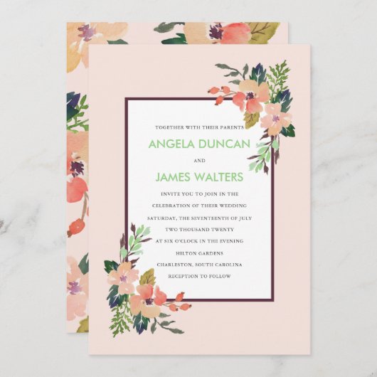 Waterverf Hoek Bloemen Trouwuitnodiging Kaart (Voorkant / Achterkant)