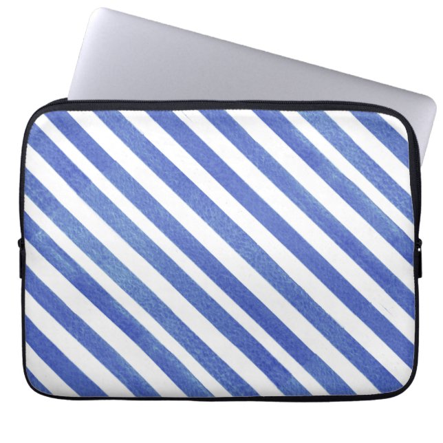 Waterverf hoekige blauw-witte strepen laptop sleeve (Voorkant)