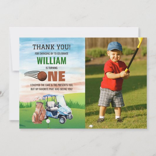 Waterverf Hole in One Golf 1st Birthday Foto Bedankkaart (Voorkant)
