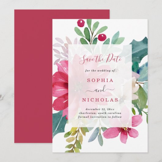 Waterverf Holiday Floral | Kerstbruiloft Save The Date (Voorkant / Achterkant)