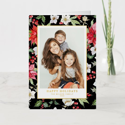Waterverf Holiday Florals Black Prettige feestdage Folie Feestdagenkaart (Voorkant)
