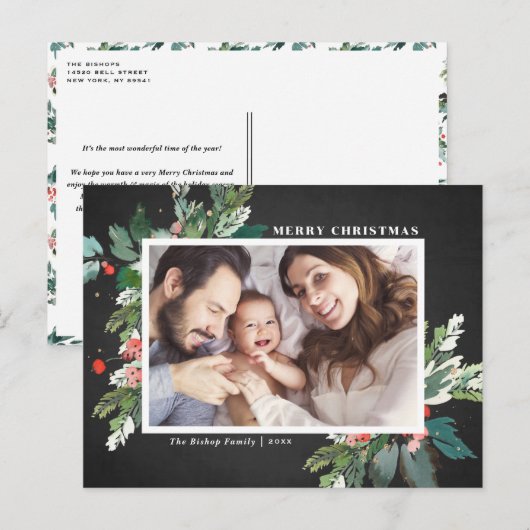 Waterverf Hollies Chalkboard kerstfoto Feestdagenkaart (Voorkant / Achterkant)