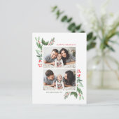 Waterverf Hollies en Greenery Two Photo Collage Feestdagenkaart (Staand voorkant)