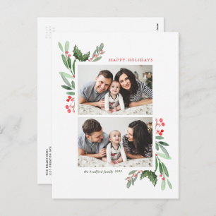Waterverf Hollies en Greenery Two Photo Collage Feestdagenkaart