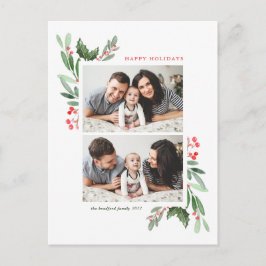 Waterverf Hollies en Greenery Two Photo Collage Feestdagenkaart
