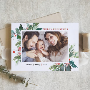 Waterverf Hollies Faux Gold Foil kerstfoto Feestdagen Kaart