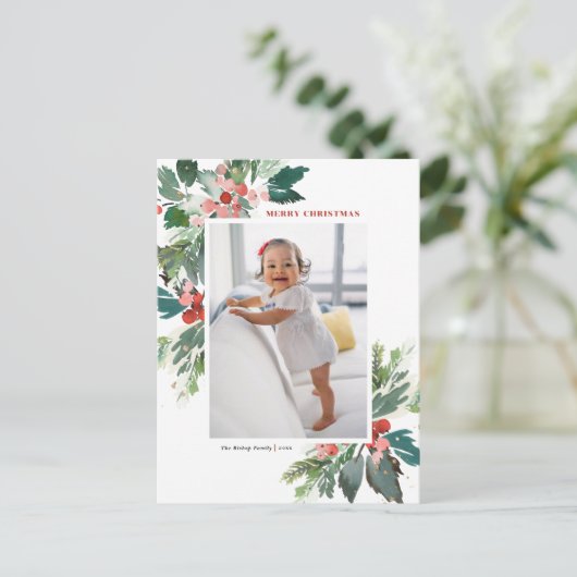 Waterverf Hollies Faux Gold Foil kerstfoto Feestdagenkaart (Staand voorkant)