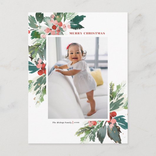 Waterverf Hollies Faux Gold Foil kerstfoto Feestdagenkaart (Voorkant)