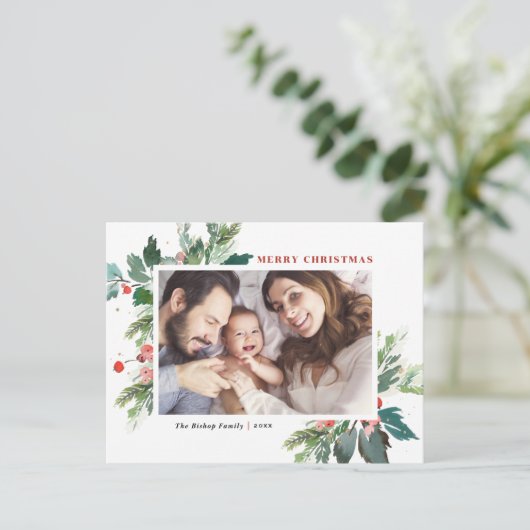 Waterverf Hollies Faux Gold Foil kerstfoto Feestdagenkaart (Staand voorkant)