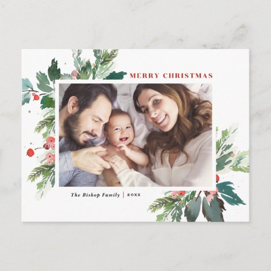 Waterverf Hollies Faux Gold Foil kerstfoto Feestdagenkaart (Voorkant)