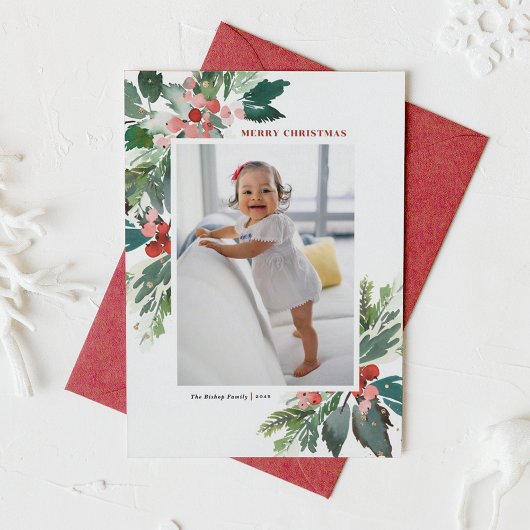 Waterverf Hollies Faux Gold Merry-kerstfoto