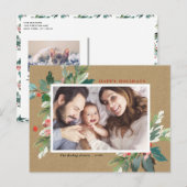 Waterverf Hollies Faux Kraft Paper Festive Foto Feestdagenkaart (Voorkant / Achterkant)