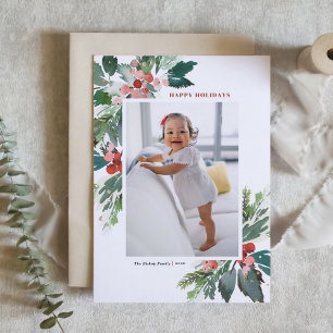 Waterverf Hollies met Faux Gold Foil Foto Feestdagen Kaart