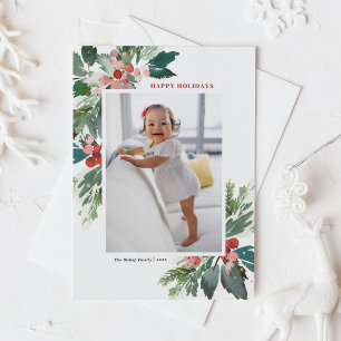 Waterverf Hollies met Faux Gold Foil Foto Feestdagenkaart