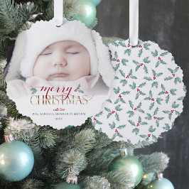 Waterverf Holly | Aangepaste begroeting | Foto Ornament Kaart