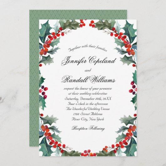Waterverf Holly and Berries Vakantie Bruiloft Kaart (Voorkant / Achterkant)