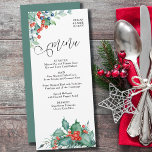 Waterverf Holly Berries en Pine Winter Wedding Menu<br><div class="desc">Het trouwmenu van de winter met het ontwerp van de waterverf en elegante kalligrafie. In dit ontwerp staan winterbessen, heilig, pijngroen en groengroen. Een mooie keuze voor een winterbruiloft of kerstbruiloft. Blader naar mijn winterbes-collectie voor overeenkomende objecten of stuur me een bericht naar creëer van de sjablonen die je nodig...</div>