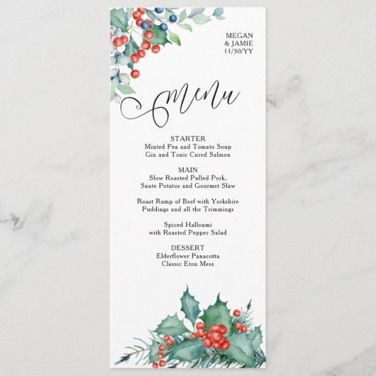 Waterverf Holly Berries en Pine Winter Wedding Menu (Voorkant)