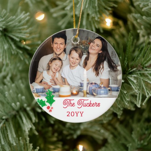 Waterverf Holly Berries Familie Foto Keramisch Ornament (Boom)