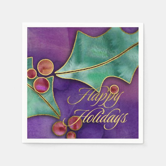 Waterverf Holly Berries Gold Prettige feestdagen Servetten (Voorkant)