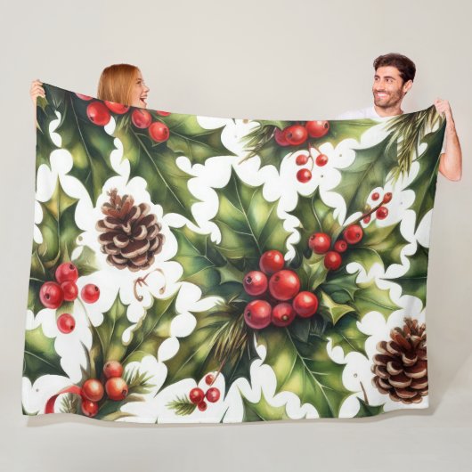 Waterverf Holly Berries Kerstmis Motieven Vakantie Fleece Deken (In situ)