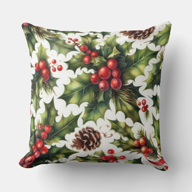 Waterverf Holly Berries Kerstmis Motieven Vakantie Kussen (Voorkant)