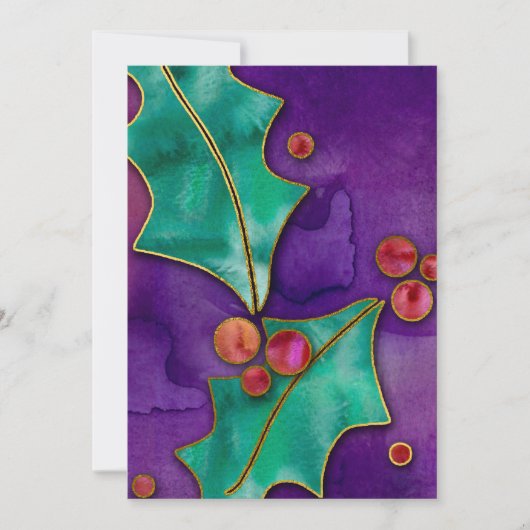 Waterverf Holly Berries Paars Green Red Holiday Kaart (Voorkant)