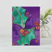 Waterverf Holly Berries Paars Green Red Holiday Kaart (Staand voorkant)