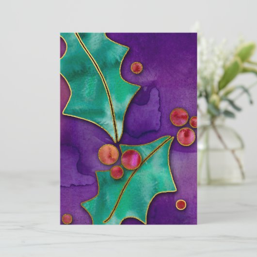 Waterverf Holly Berries Paars Green Red Holiday Kaart (Staand voorkant)