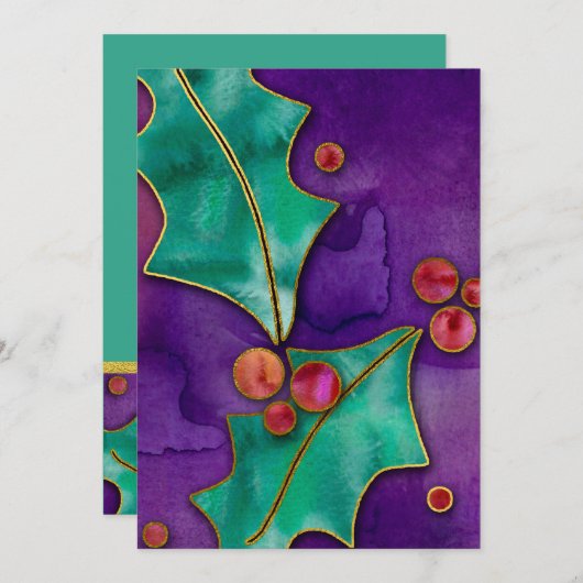 Waterverf Holly Berries Paars Green Red Holiday Kaart (Voorkant / Achterkant)