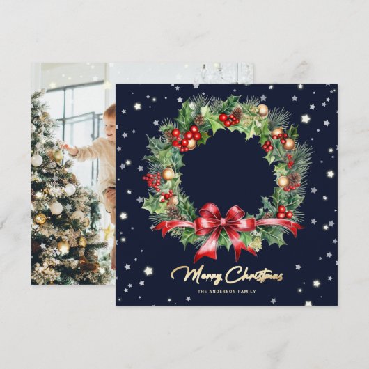 Waterverf Holly Berries Pijnboomkrans Blauw Foto Feestdagenkaart (Voorkant / Achterkant)
