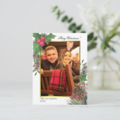 Waterverf Holly Berries Pine Cone & Greens Foto Feestdagenkaart (Staand voorkant)