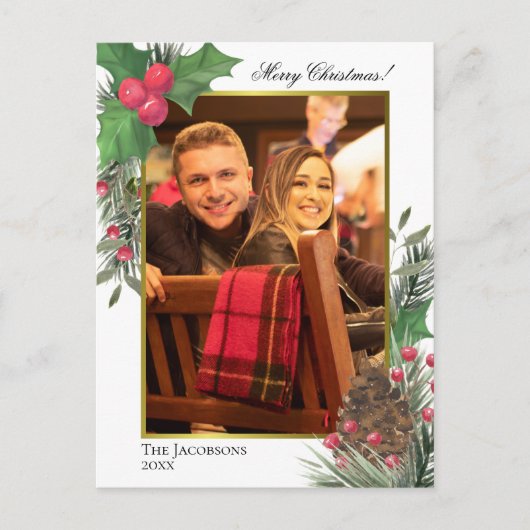 Waterverf Holly Berries Pine Cone & Greens Foto Feestdagenkaart (Voorkant)