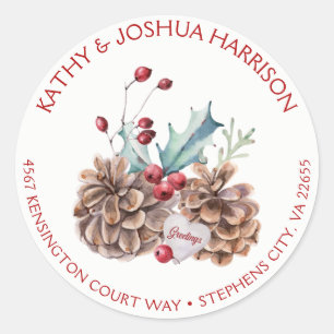 Waterverf Holly Berries Pine Cones Adres Ronde Sticker