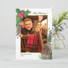 Waterverf Holly Berries Pine & Greenery Foto Feestdagenkaart