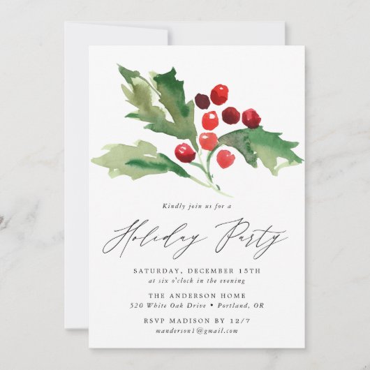 Waterverf Holly Berries Vakantie Party Kaart (Voorkant)