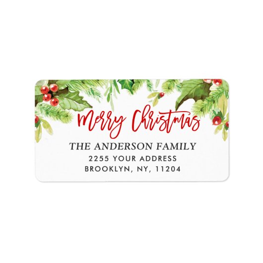 Waterverf Holly Berry-adres voor kerstterugkeer Etiket (Voorkant)