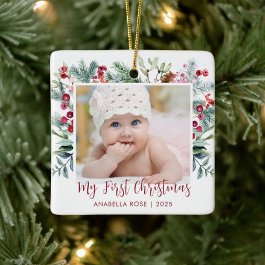 Waterverf Holly Berry Babys Eerste Kerstmis Foto Keramisch Ornament (Boom)